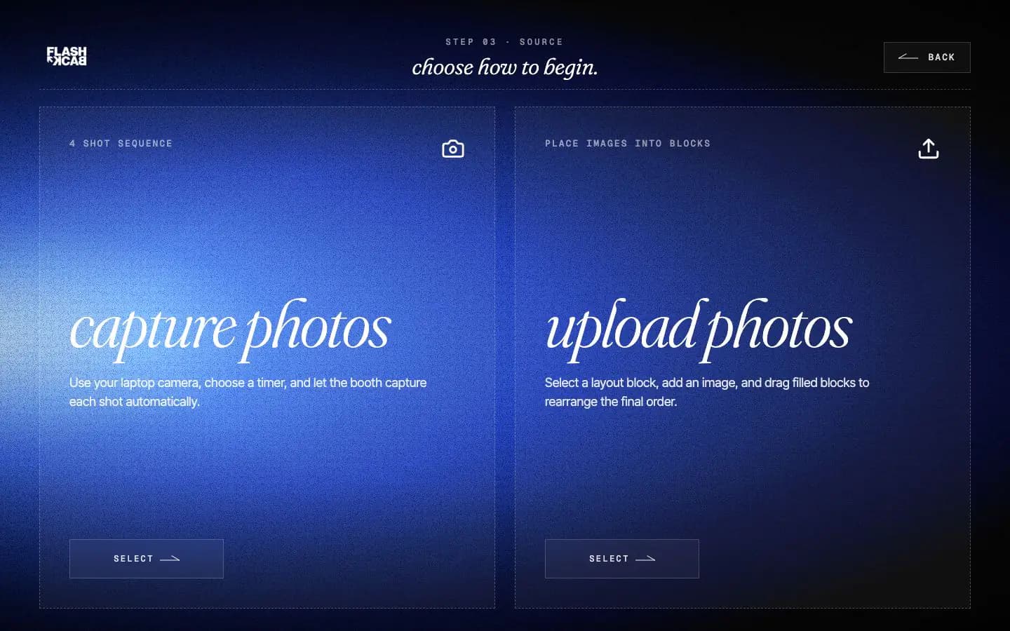 Photo source selection screen for capture or upload
