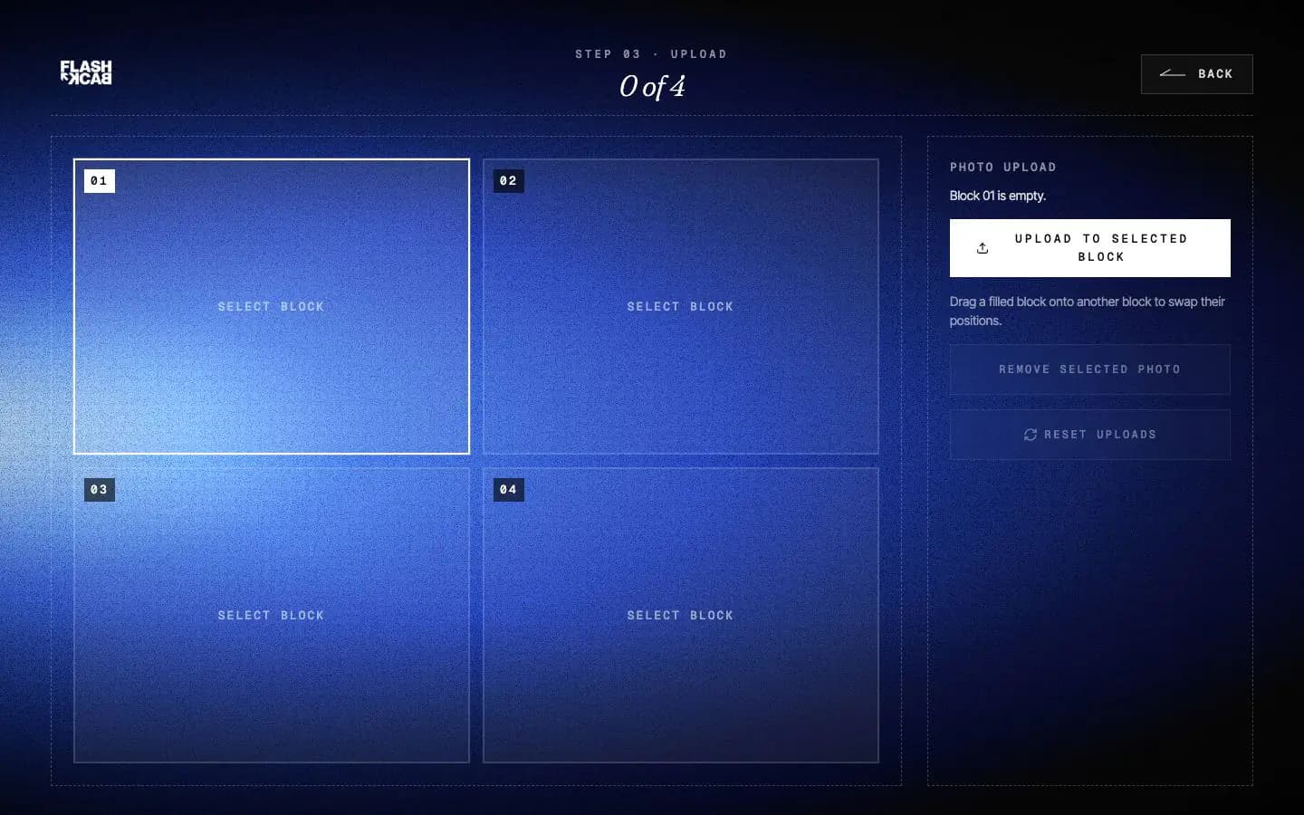 Upload mode with selectable photo booth layout blocks