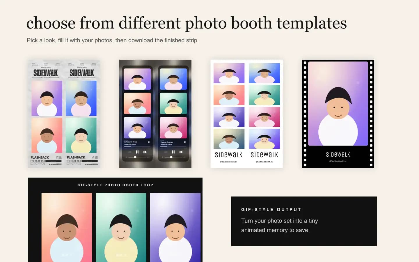 Photo Booth Online template examples made with Flashback