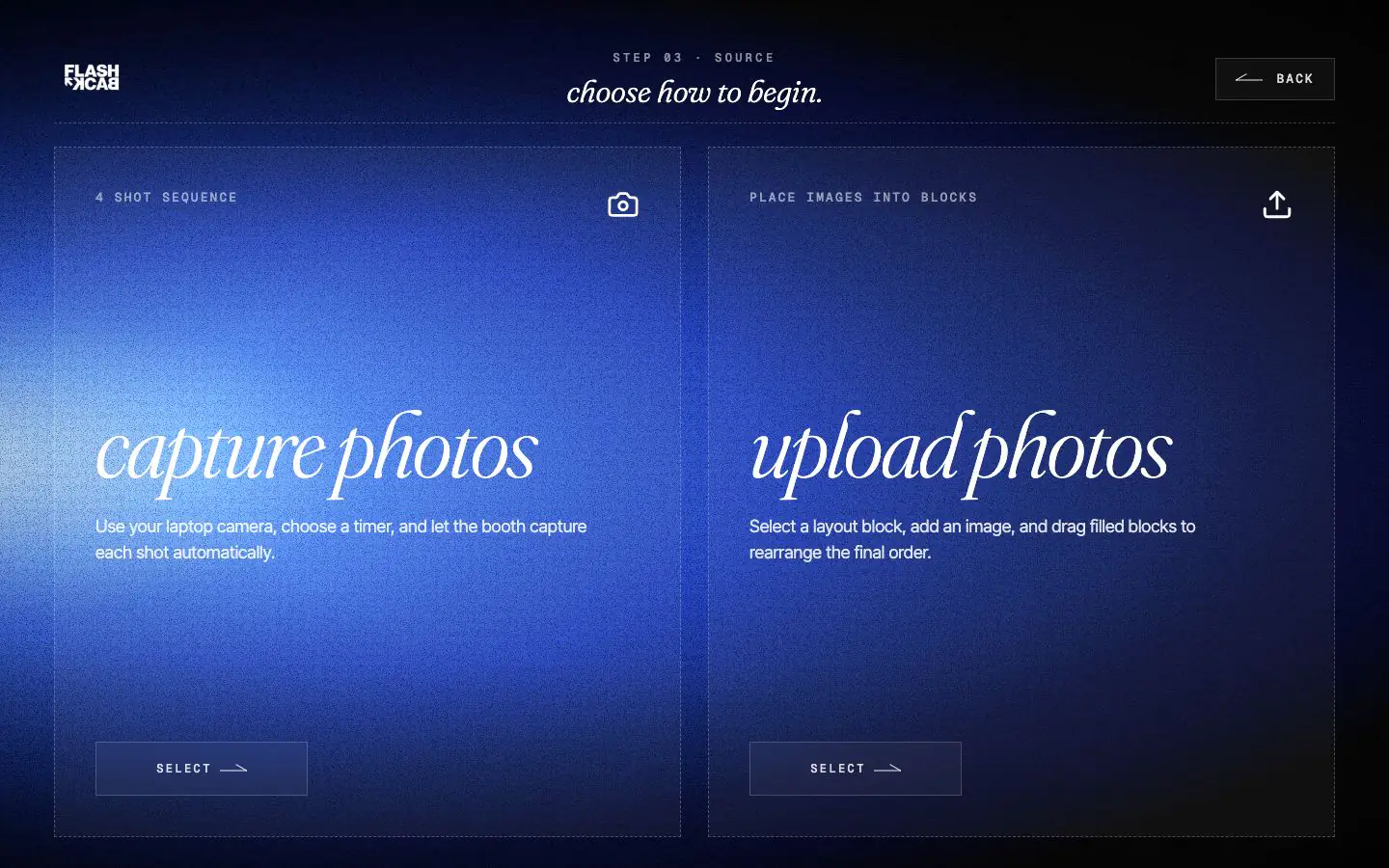 Photo source selection screen for capture or upload