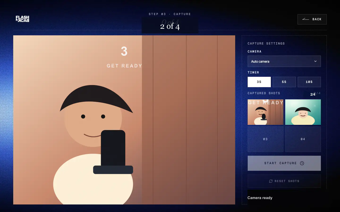 Webcam photo booth capture screen with timer and camera preview