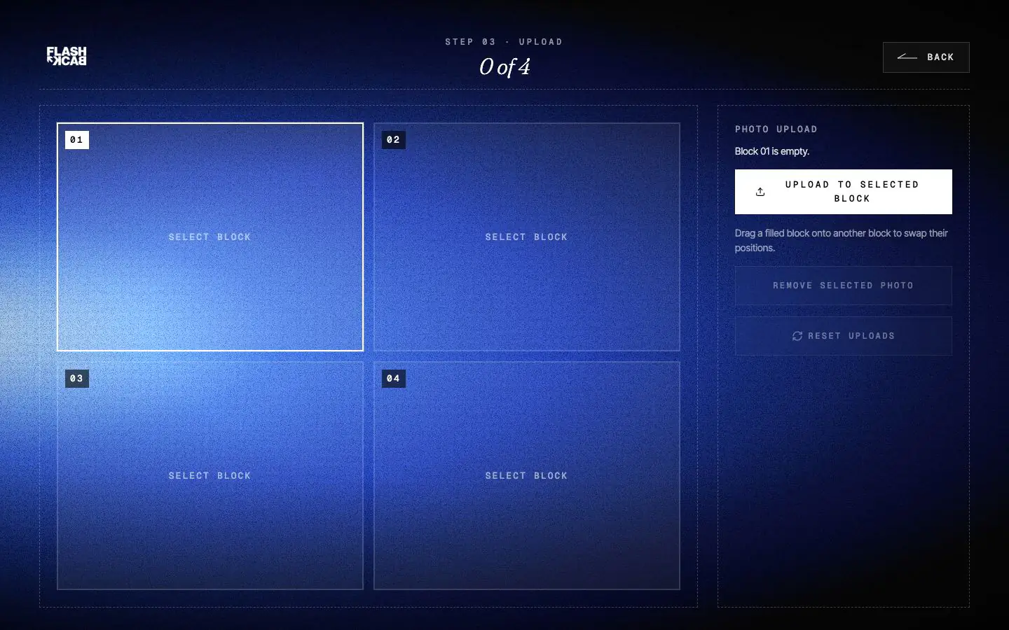 Upload mode with selectable photo booth layout blocks