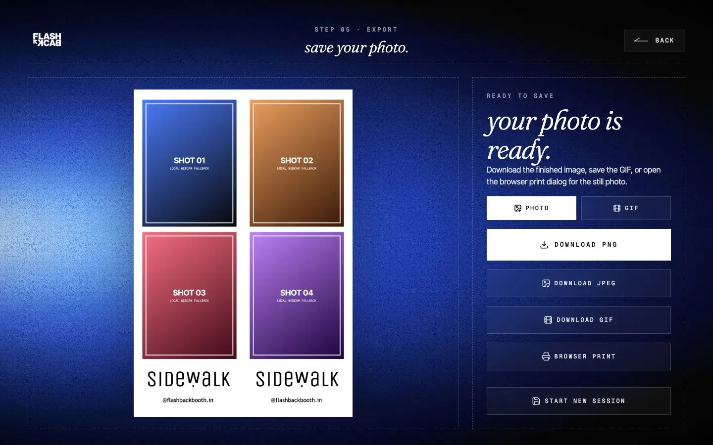 Photo booth online export page with download controls