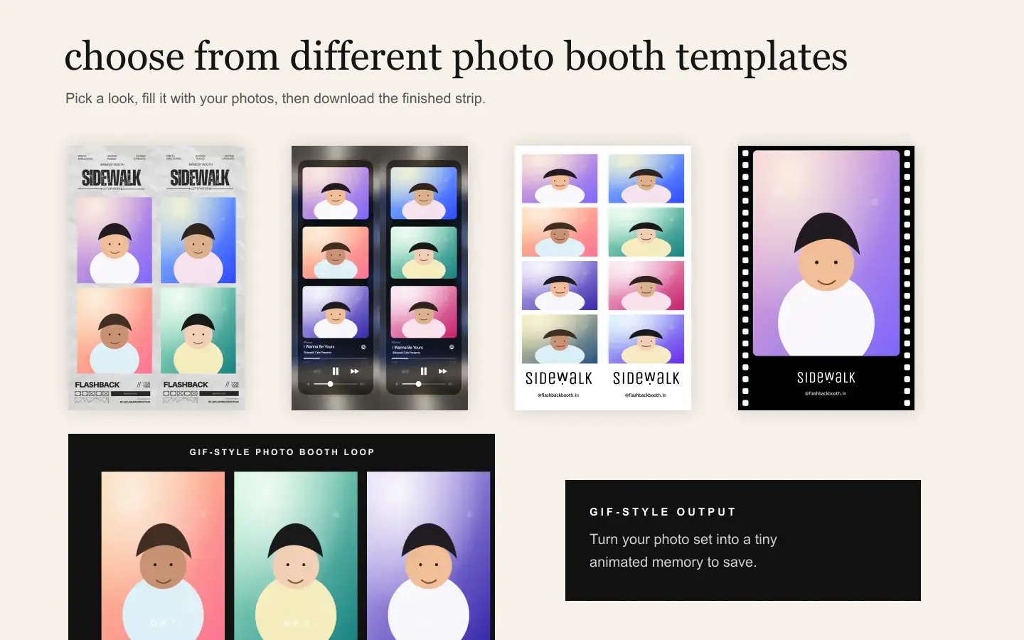 Photo Booth Online template examples made with Flashback